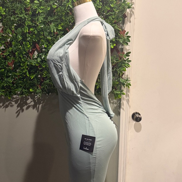 NWT-Celebratory Love Sage Green Mesh Ruched Halter Dress - Picture 6 of 13
